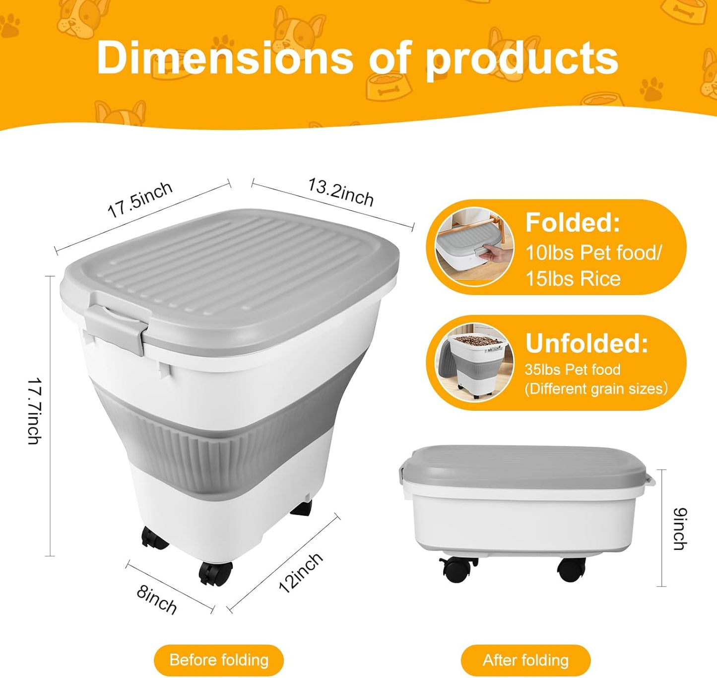 35 Lbs Dog Food Storage Container 2PCS, Collapsible Dog Food Container with Scoop for Pet/Dog/Cat/Bird Food,Keep Dry Food Fresh,Easy to Move