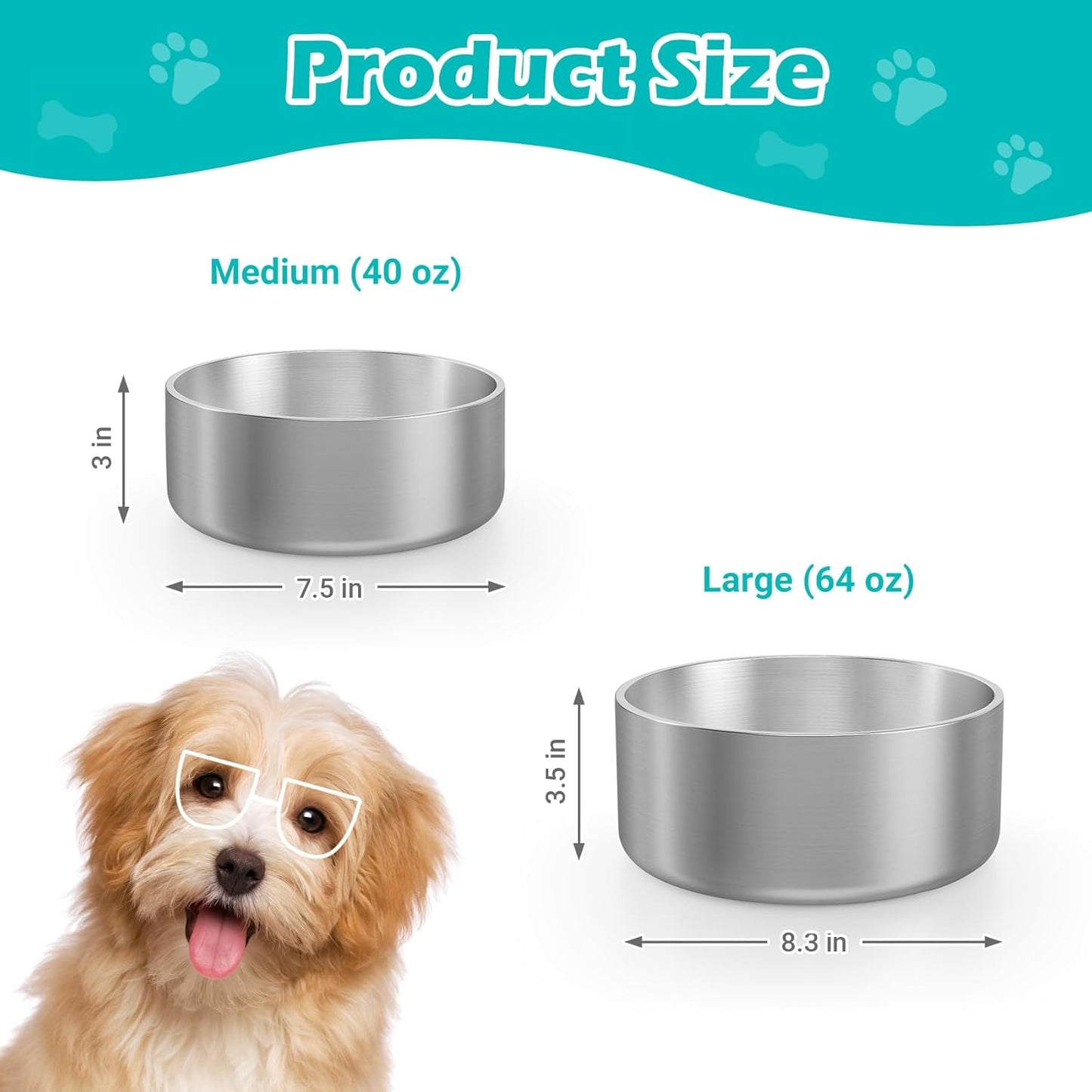 LIANLAI Stainless Steel Dog Bowls, Rust-Resistant Metal Dog Bowls for Medium, Spill Proof Puppy Food Bowl, Dishwasher Safe（40 oz