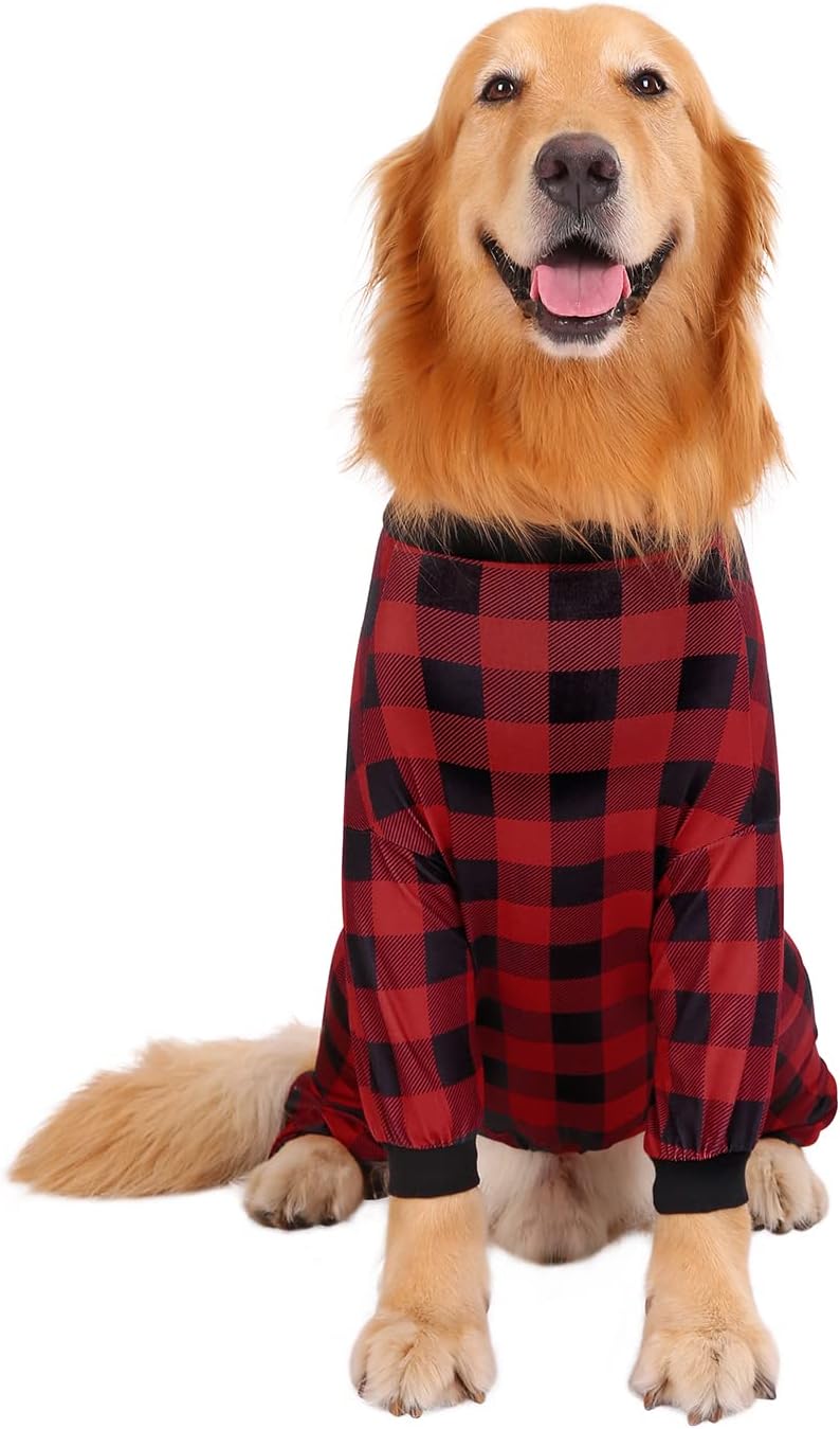 HDE Dog Pajamas One Piece Jammies Jumpsuit Pet Clothes Outfit Stretchy Lightweight Comfy Shirt Pjs for M-3XL Dogs Buffalo Plaid - L