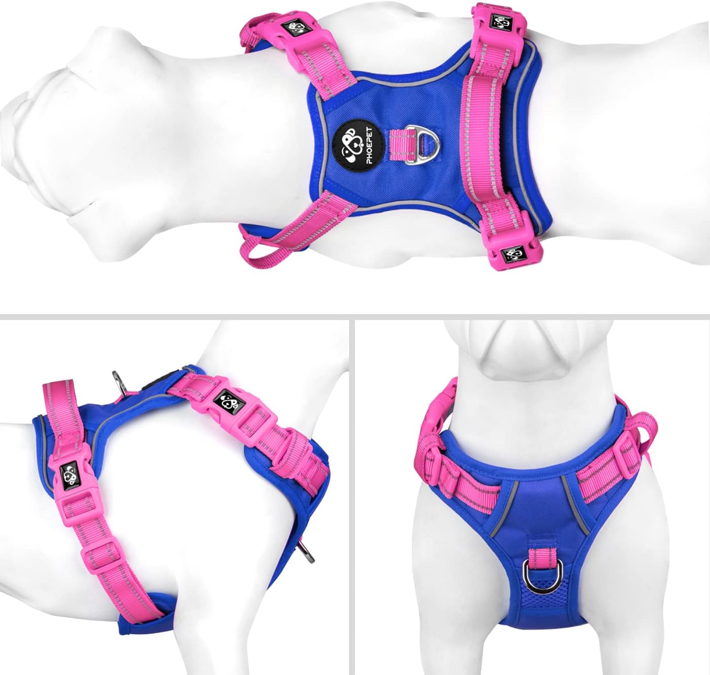 PHOEPET No Pull Dog Harness, Unique Colors Reflective Adjustable Dog Vest, with Soft Training Handle Metal Clips for Small Medium Large Dogs (Royal Blue Base & Pink Straps,M)