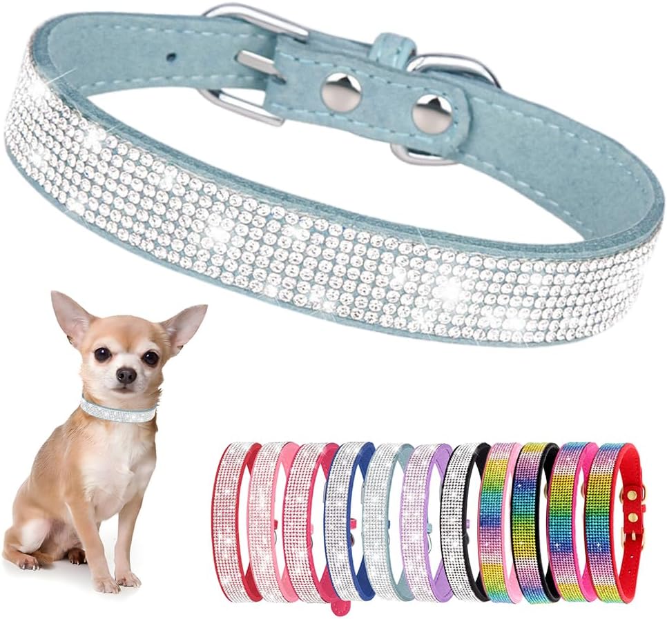Rhinestone Dog Collar for Small Dogs, Bling Diamond Fancy Crystal Glitter Pretty Jewel Pet Puppy Collars for XXS XS Small Medium Large Breed Girl Dogs Female Cats Kitten, Teal S