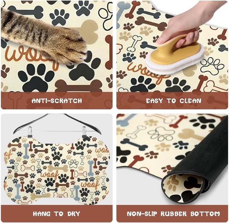 Dog Food Mats for Floors Waterproof, Pet Feeding Absorbent Water Bowl Mat Cat Placemats Beige Bone Shape 25.5 * 17 inch