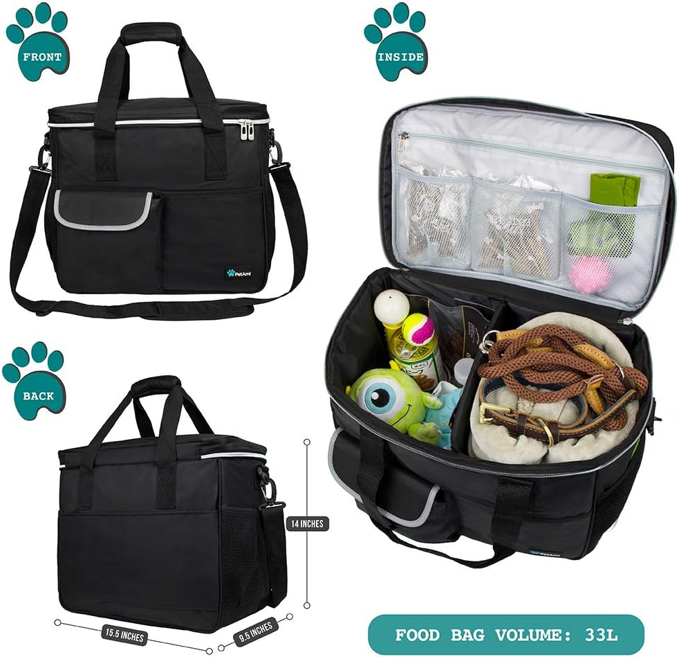 PetAmi Dog Travel Bag - Organizer with Food Container, Bowls & Accessories for Weekend Camping, Cat Diaper Bag (Black, Large)