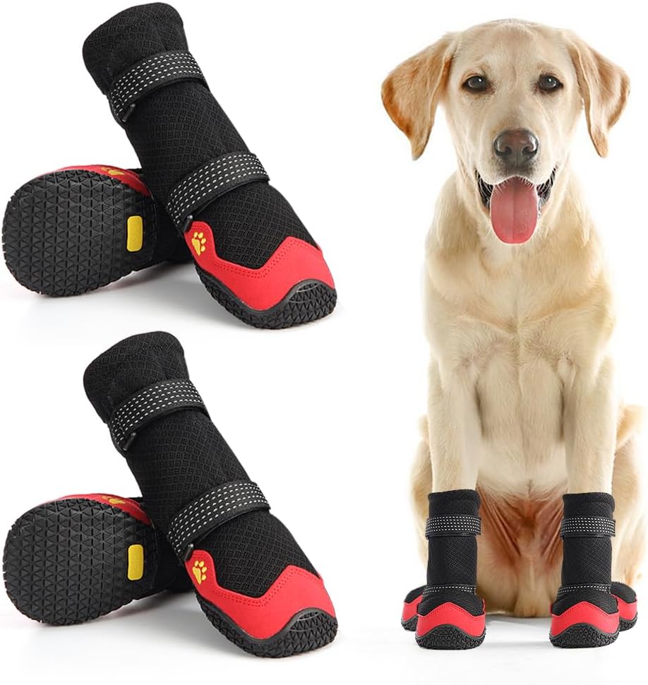 Dog Shoes for Hot Pavement Anti-Slip Dog Boots Waterproof Dog Shoes for Small to Large Dogs with Reflective Straps Pet Dog Boots for Hiking.4Pcs Soft Breathable Paw Protectors for Dogs