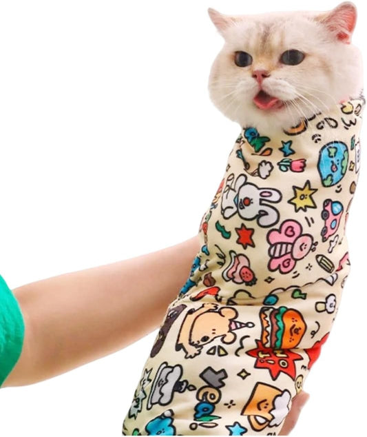 Cat Grooming Wrap – Self-Adherent Anti-Scratch Swaddle Restraint Bag for Nail Cutting, Medication, Multifunctional Care - Calm Cozy Burrito Papoose Pet Magic Blanket (31.5*31.5inches within 22lbs)