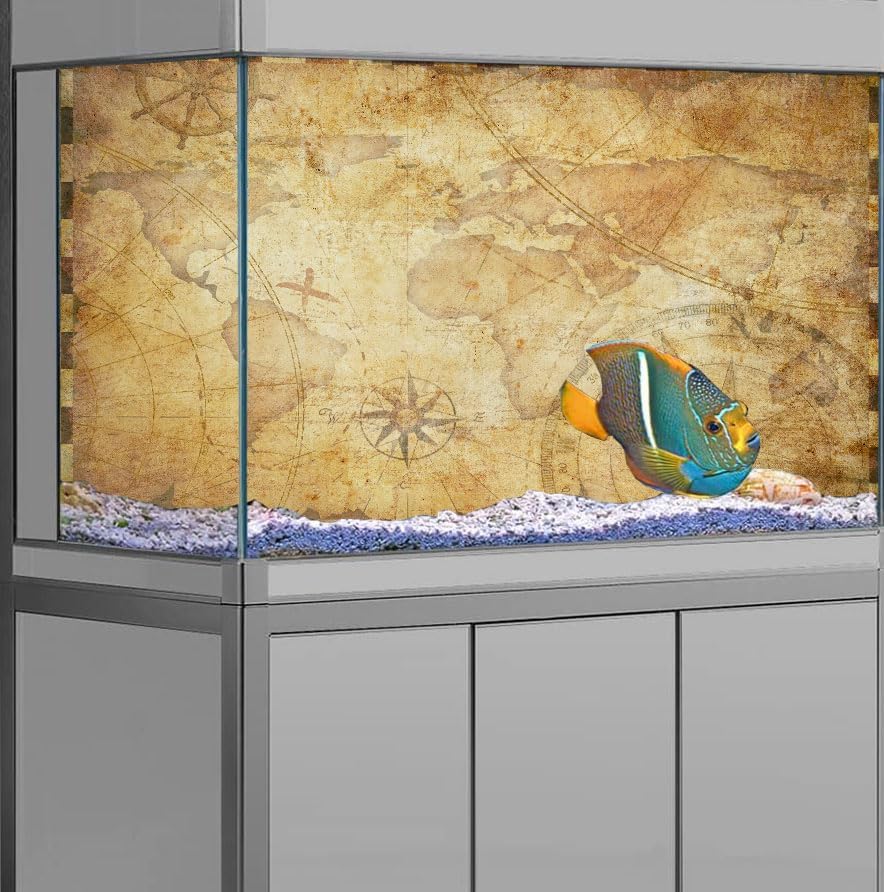 36X24IN Retro Old Travel World Map Terrarium Background, Art Parchment Pirate Treasure Map Reptile Habitat Background with 10EVA Double-Sided Tape