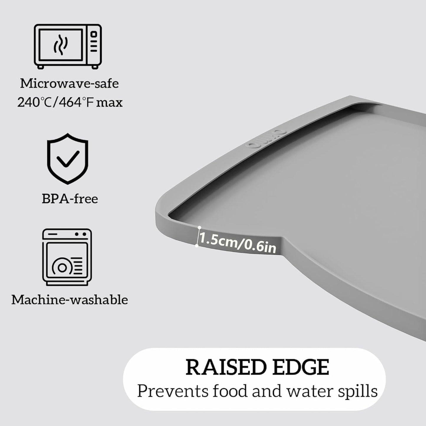 OHMO Dog Food Mat(Ash, 24 * 15'') w/Residue Collection Pocket Silicone Pet Feeding Mat for Floor High Edges Anti Spills Waterproof Cat Water Bowl Tray, Easy Clean Placemat