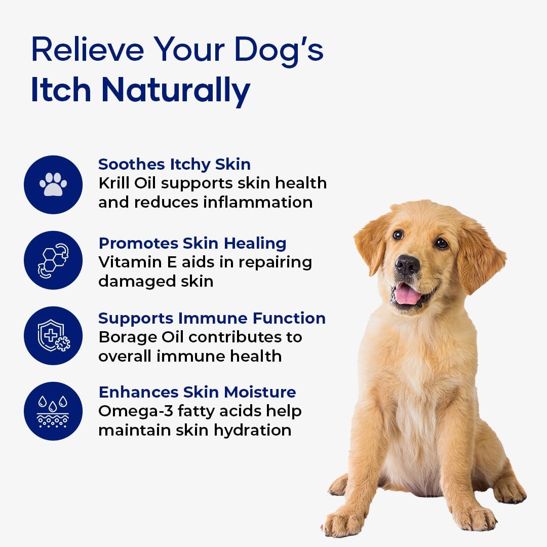 Itch Relief Chews for Dogs – Vitamin E & Borage Oil Supplement – Packed with Beneficial Fatty Acids for Healthy Skin – Seasonal Allergies Support