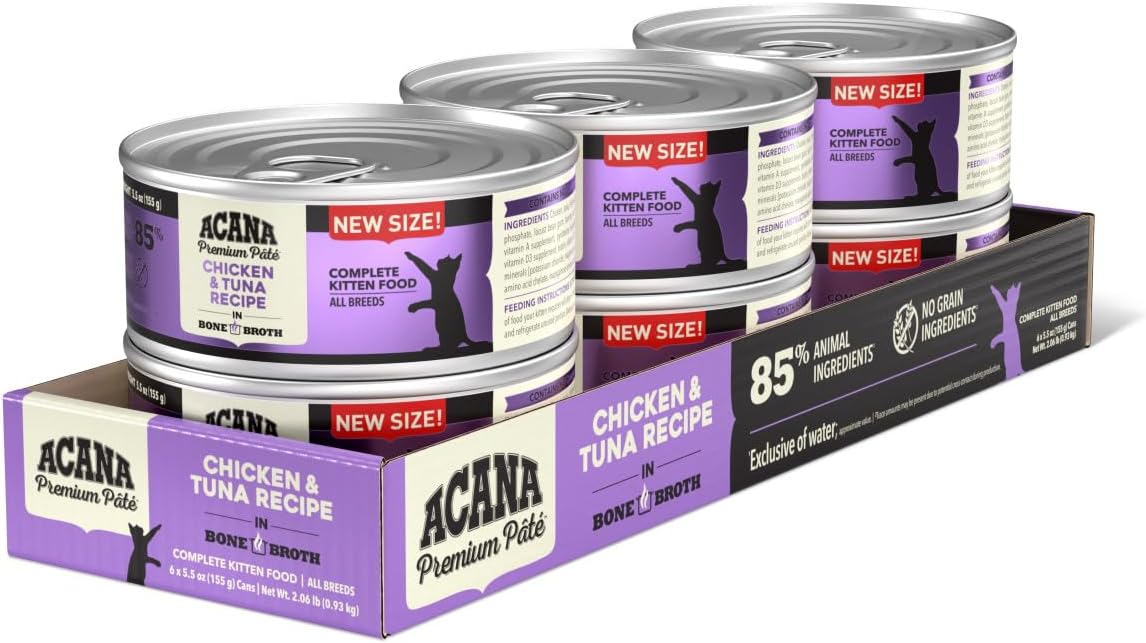 ACANA Premium Pate Kitten Wet Cat Food in Bone Broth Chicken + Tuna Recipe 5.5oz Cans (6 Count)