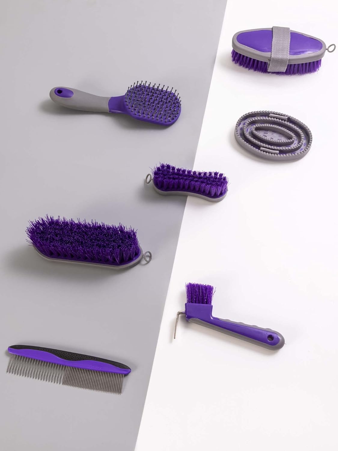 Horse Grooming Kit (12-Piece): Brushes, Storage Bag, Sweat Scraper, Mane Comb, Grooming Gloves - Purple Horse Gifts for Girls