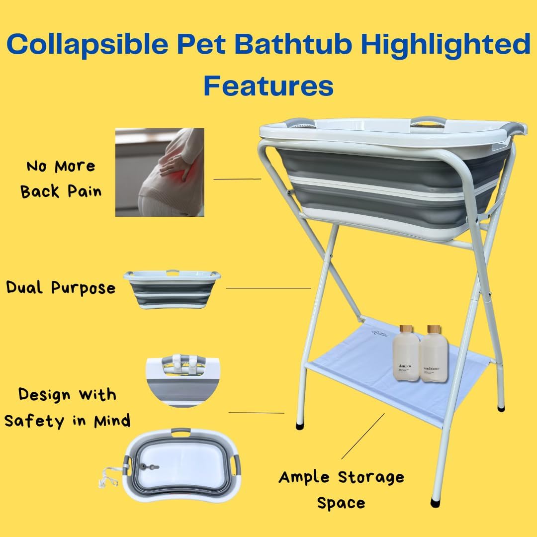 Collapsible Elevated Pet Bathtub, Foldable Washing Station for Small to Medium Dogs and Cats, Portable Pet Shower and Grooming Stand for Indoor and Outdoor Use