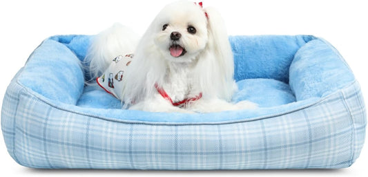 MIHIKK Rectangle Dog Beds for Small Dogs & Cats, Orthopedic Sleeping Pet Bed for Couch with Durable Puppy Cuddler and Anti-Slip Bottom Machine Washable 20 * 18 Inch (Blue)