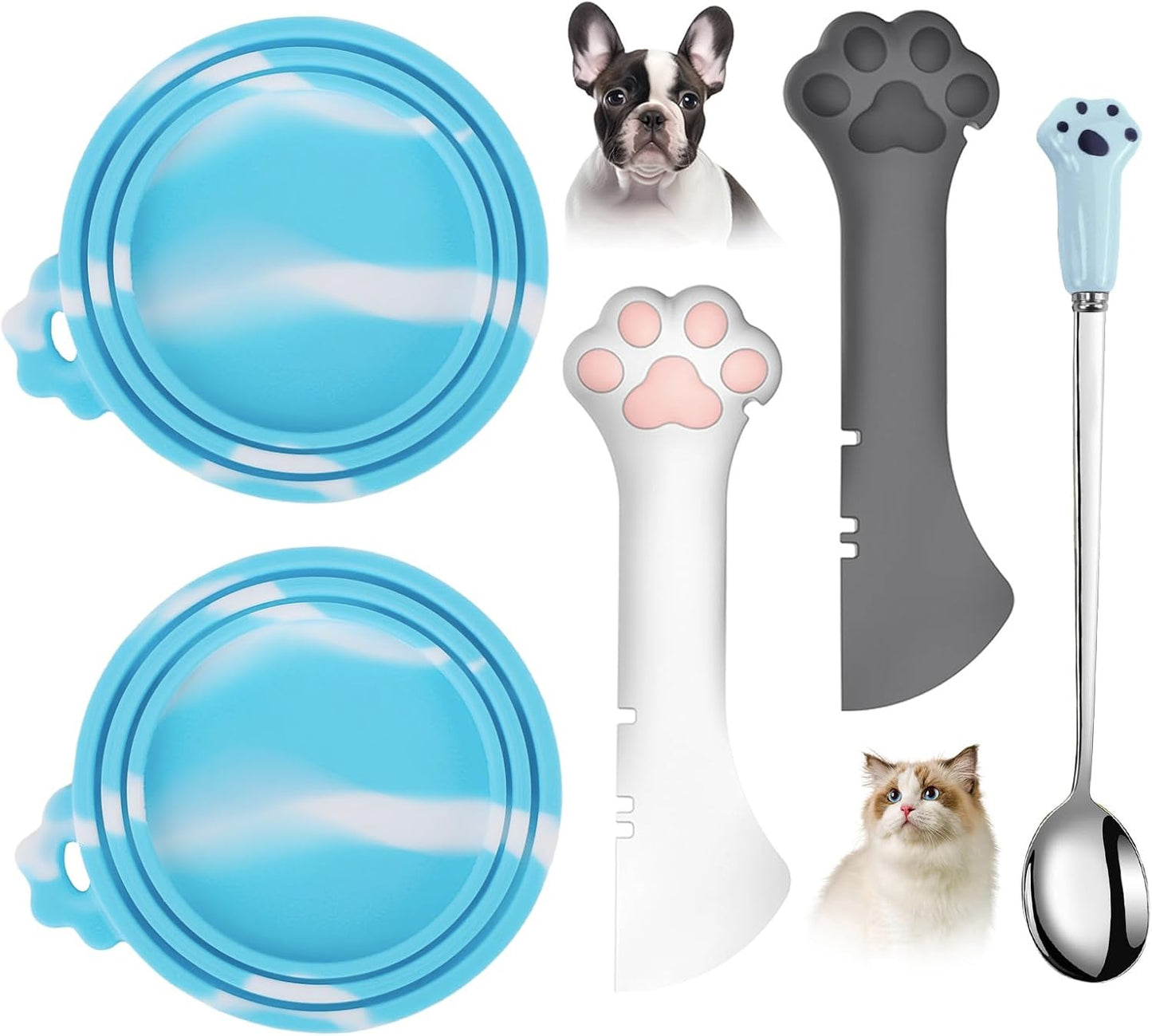 Comtim 5 PCS Pet Food Can Lids & Spoons Set - Silicone Dog Cat Food Can Covers Lids Top/Multi-Function Cat Food Spoon Spatula Can Opener for Wet Food/Long Handle Spoon Easy to Scoop Food