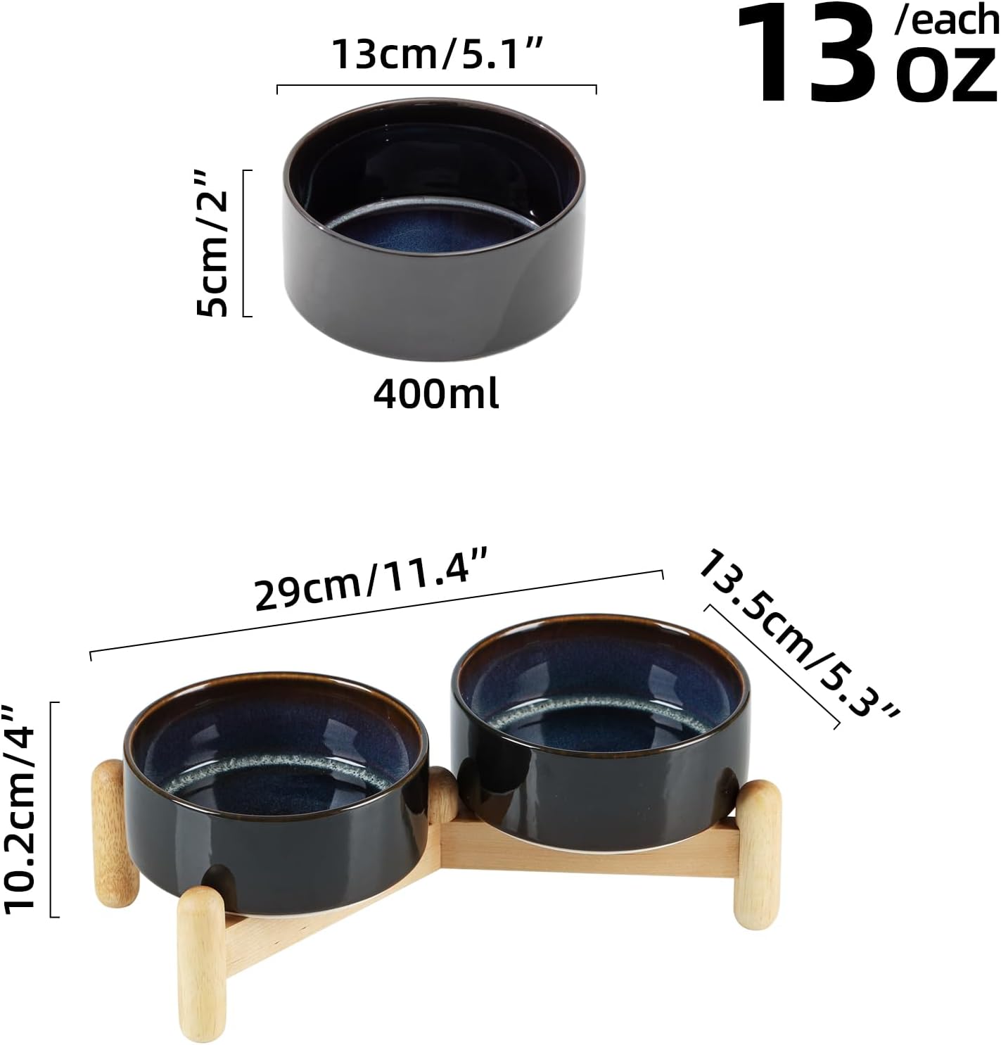 Ceramic 5.1inch Raised Double Bowls Set with Wooden Stand, Elevated Food & Water Bowls for Small Breed Dogs, Cats, Kitty, Weighted Dog Dishes, Pet Bowls(13.5oz, Starry Sky)