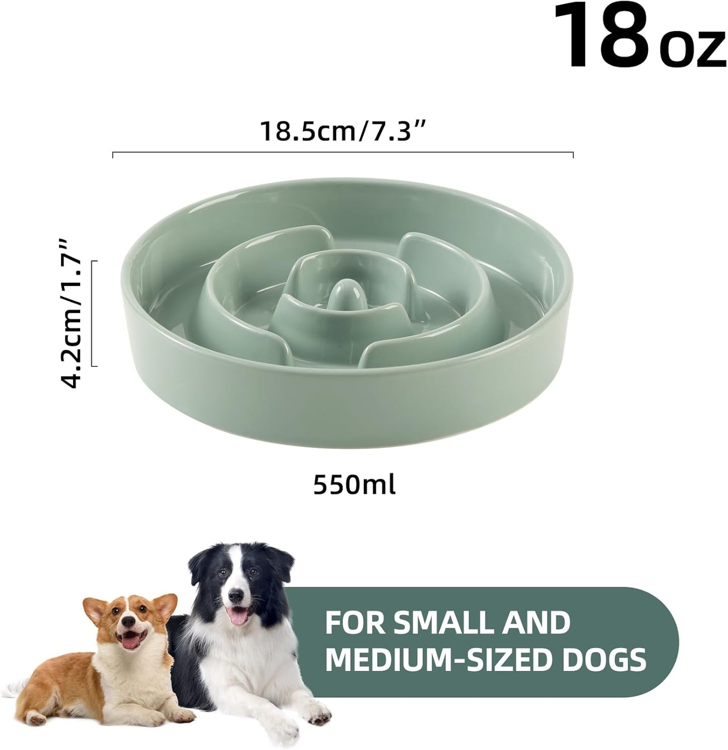 7.3inch Ceramic Slow Feeder Dog Bowl for Medium and Large Breed, Puzzle Dog Food Dish, Anti-Gulping, Pet Slow Feeder, Stop Bloat, Preventing Choking (Single Bowl-Light Green)