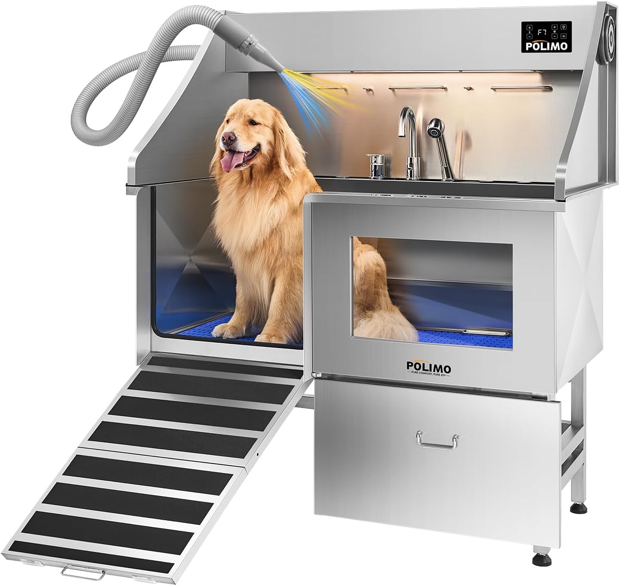 polimo Dog Wash Station with Pet Dryer & LED, Professional Dog Bathing Station for Large, Medium & Small Dogs – with Window, Ramp, Drawer, Floor Grate, LED Display & Faucet (Left RAMP & Dryer, 50")