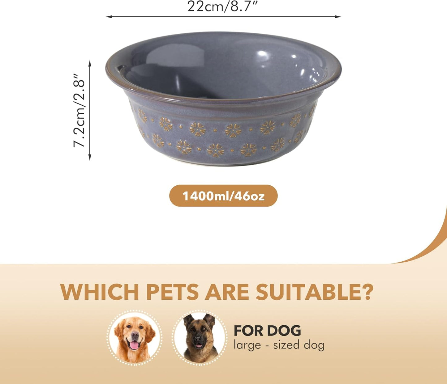 Ceramic 8.7inch Dog Bowl for Large Dog, Basic Food and Water Bowl for Replacement, Wide Opening Rounded Edge(Single Bowls, Reactived Glaze -Grey)