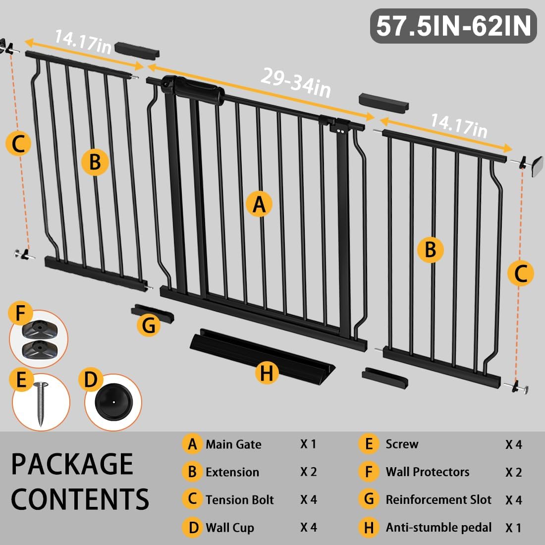 Fairy Baby Extra Wide Baby Gate Black 57.5-62 Inch Wide, Walk Through Pressure Mounted No Drill, Long and Large Tension Dog Gates for Pet and Kids