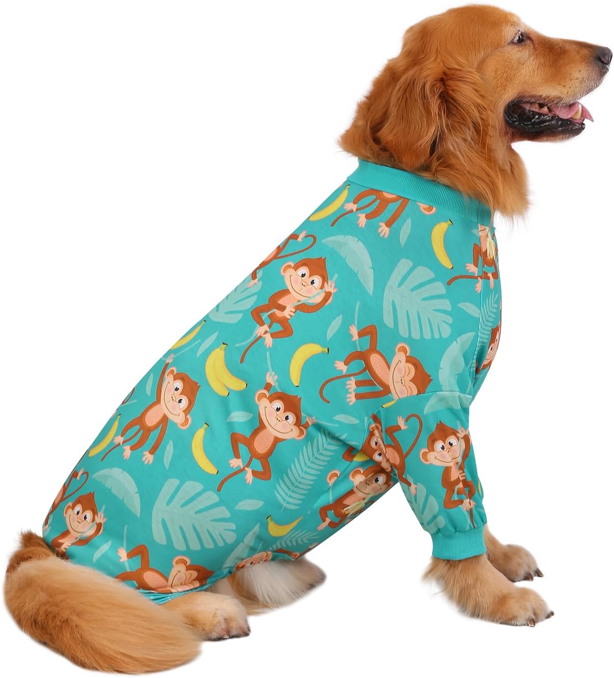 HDE Dog Pajamas One Piece Jammies Jumpsuit Pet Clothes Outfit Stretchy Lightweight Comfy Shirt Pjs for M-3XL Dogs Monkeying Around - 2XL