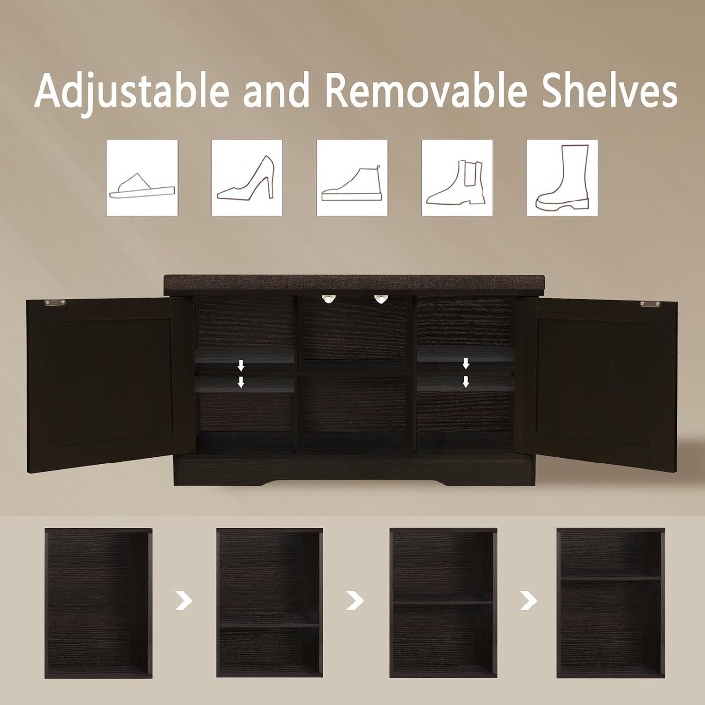 DINZI LVJ Shoe Bench, Entryway Storage Bench with Doors, Cushion, 2-Tier Shoe Rack with 6-Cubby, 31.5”L x 13.8”W Shoe Organizer Cabinet, Adjustable Shelf, Living Room, Bedroom, Espresso