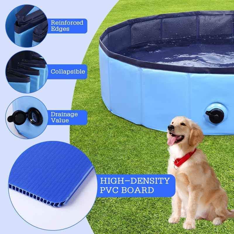 Foldable Dog Bath Swimming Pool Plastic Kiddie Pool Professional Tub Collapsible Grooming Bathtub for Pets Kids Baby and Toddler, 71 x 12 Inches Blue