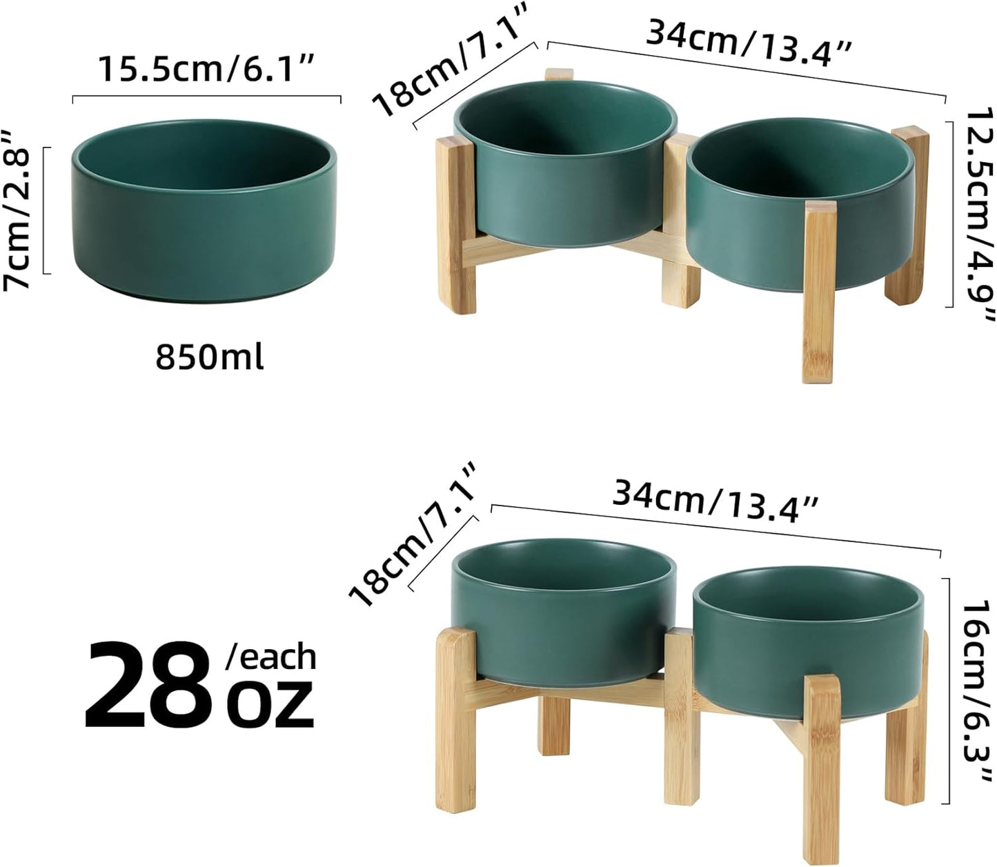 Ceramic Raised Double Bowls Set with Stand, 2 Heights Elevated, Food & Water Bowls for Small Breed Dogs, Weighted Dog Dishes, Pet Bowl(6.1'',28.7oz, Green)