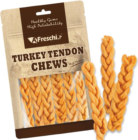 AFreschi Turkey Tendons for Dogs, USA-Sourced, Healthy Dog Treats, Rawhide-Free Puppy Chews, All Natural, Hypoallergenic Dog Treats, Classic Series, Braided Sticks, 3.5 oz Pack