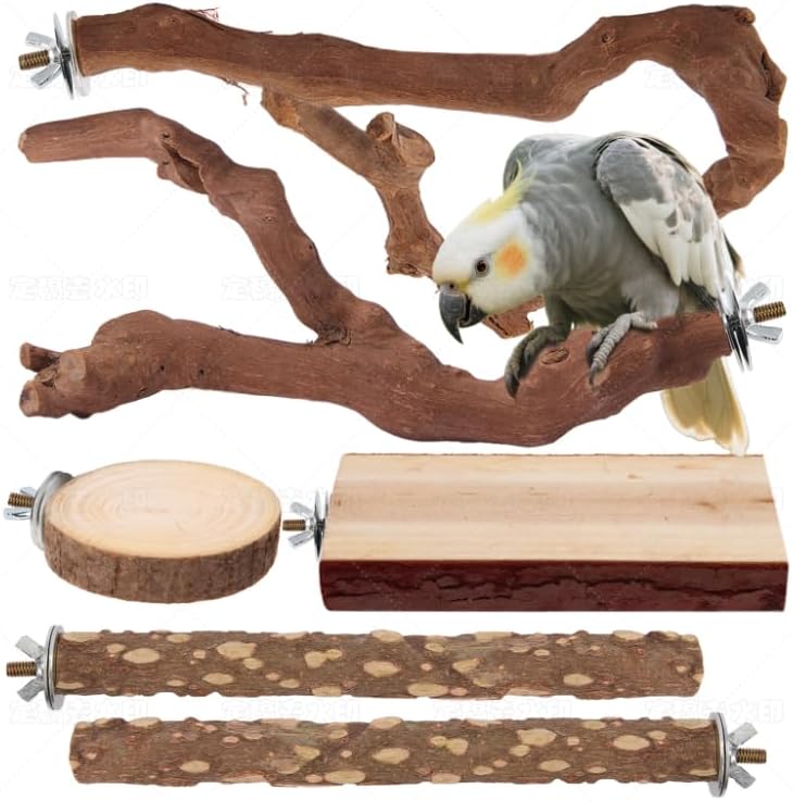 Parrot Perch Bird Perch Stand Set Natural Wild Wood Grape Sticks Paw Grinding Fork Parakeet Climbing Standing Branches Toys Cage Accessories for Conure,Cockatiels Lovebirds,Budgies Chewable 6PC