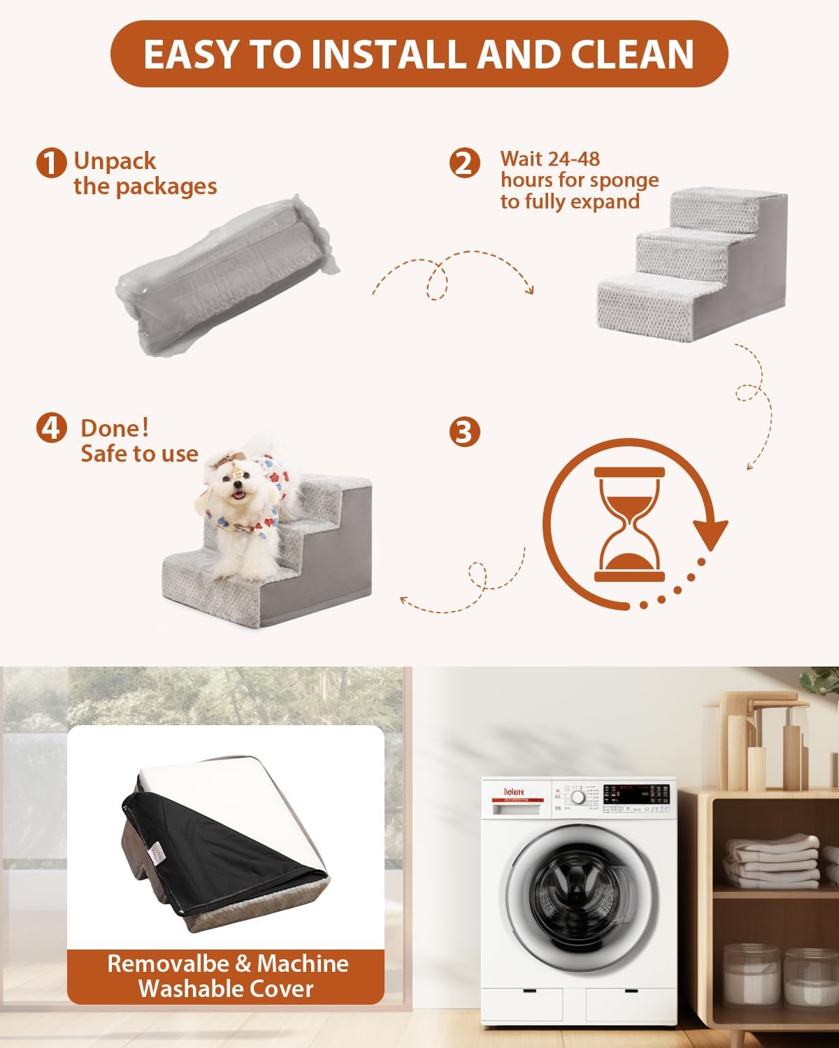 Dog Stairs for Small Dogs,17.5" H,4-Step Dog Steps for High Bed Couch and Sofa,Pet Stairs for Dogs and Cats Climbing with Non-Slip Bottom and Washable Cover,Light Grey