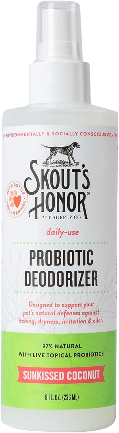 SKOUT'S HONOR Probiotic Pet Deodorizer Spray- Hydrating Daily-Use with Avocado Oil & Omega-3s, Microbiome Friendly Certiified, Paraben & Sulfate-Free, 97% Natural, 8oz, Sunkissed Coconut