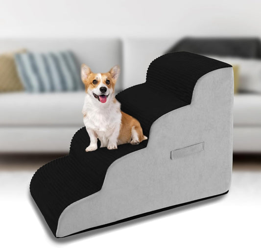 High Density Foam Dog Stairs Steps, Non-Slip Extra Wide Deep Pet Steps for Beds Or Couches, for Injured or Older Pets Dogs and Cats with Joint Pain (4-Tiers (Black))