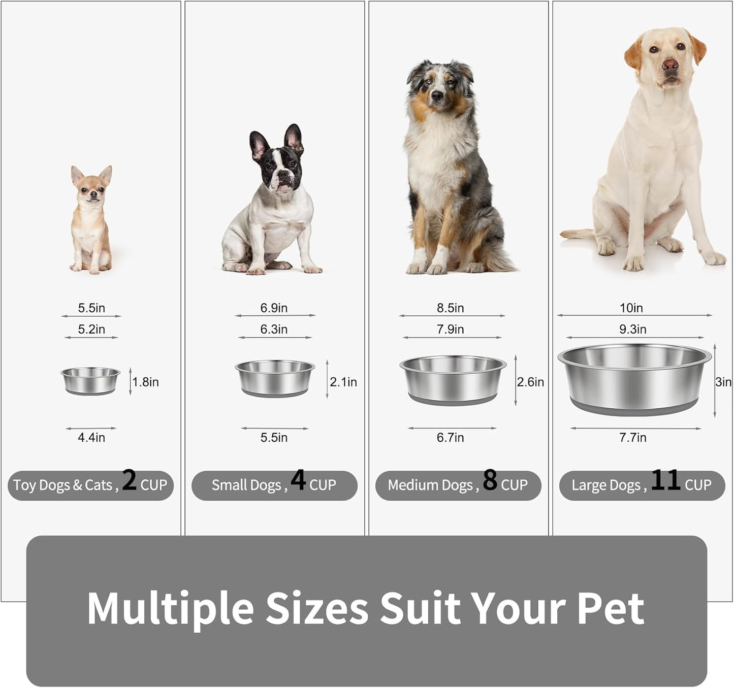 Taglory 11 Cup Stainless Steel Dog Bowls Set of 2 for Food and Water, Silicone Base Anti-Slip, Rust Resistant, Extra Thick Metal Bowls for Large Dogs, 84oz, Gray