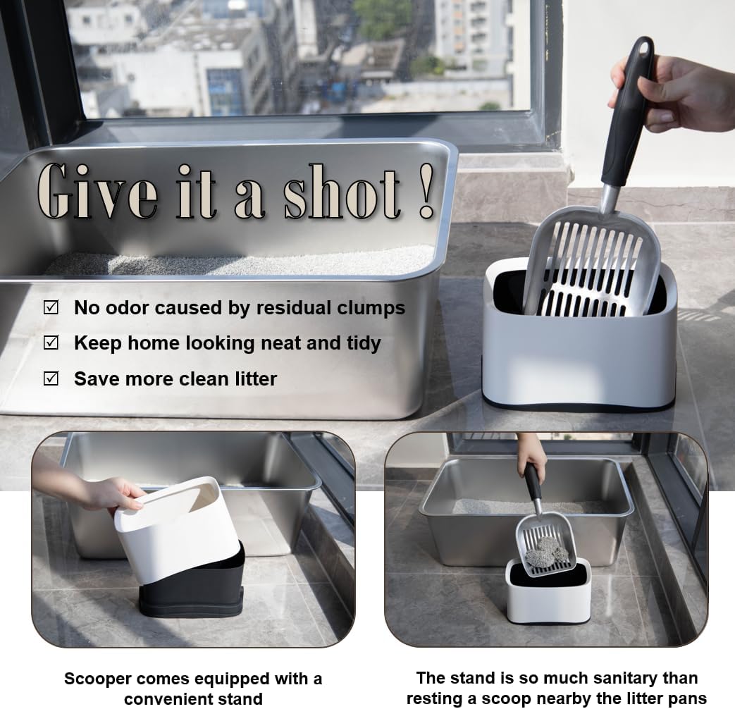 Heavy Duty Cat Litter Scoop with Holder - All Metal Cat Litter Scooper with Holder - Speed Sifter Litter Box Scooper Captures All Clumps - Aluminum Cats Littter Scooper and Caddy