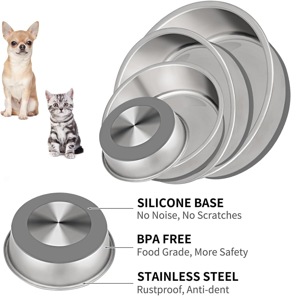 Taglory 2 Cup Stainless Steel Dog Bowls Set of 2 for Food and Water, Silicone Base Anti-Slip, Rust Resistant, Extra Thick Metal Dog Bowl for Cats and Puppies, 17oz, Gray