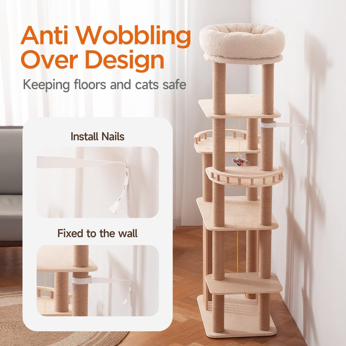 68" Large Cat Tree, Solid Wood Multi-Level Cat Tower with Scratching Posts, Fun Toys, and Washable Plush Platform for Indoor Cats