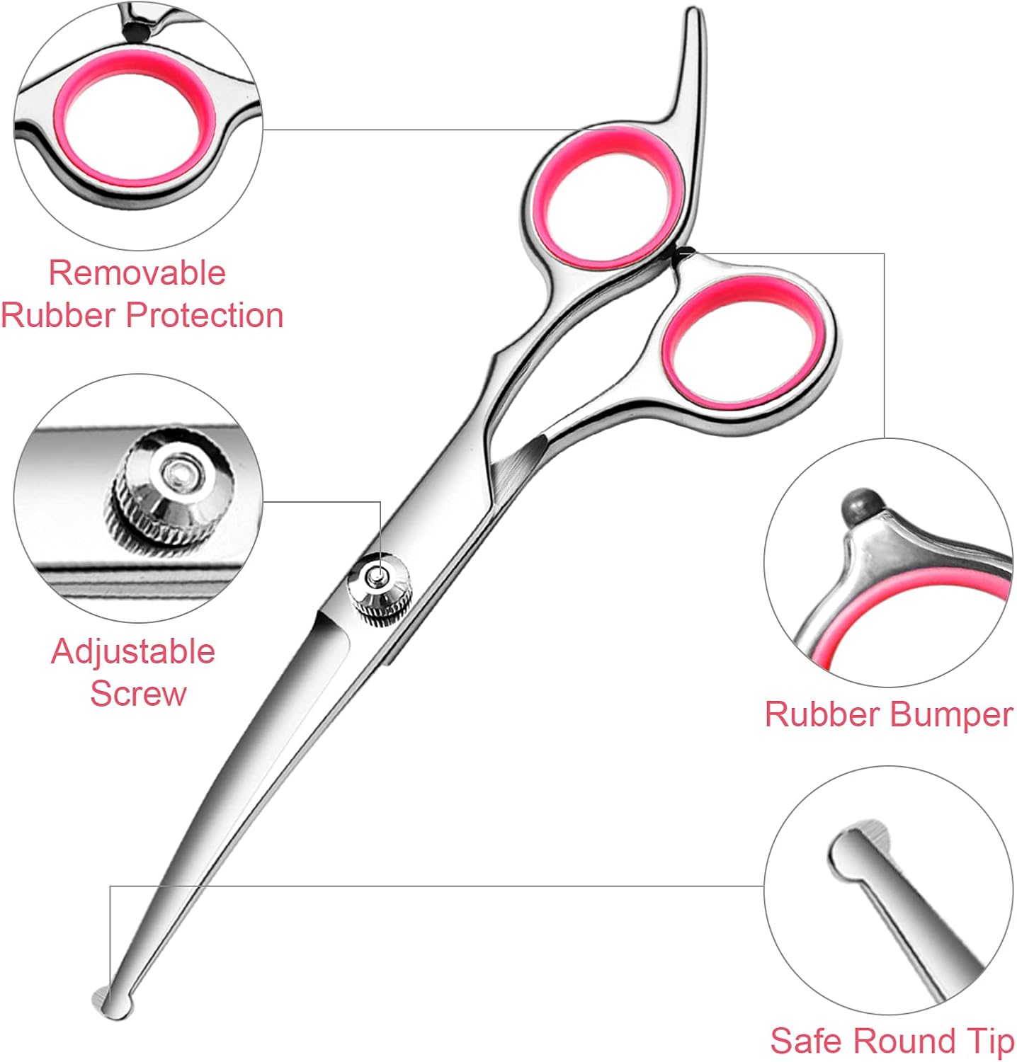 Dog Grooming Scissors with Safety Round Tips Stainless Steel Professional Dog Grooming Kit - Thinning, Curved Scissors and Comb for Cat Pet (Pink 4 in 1)
