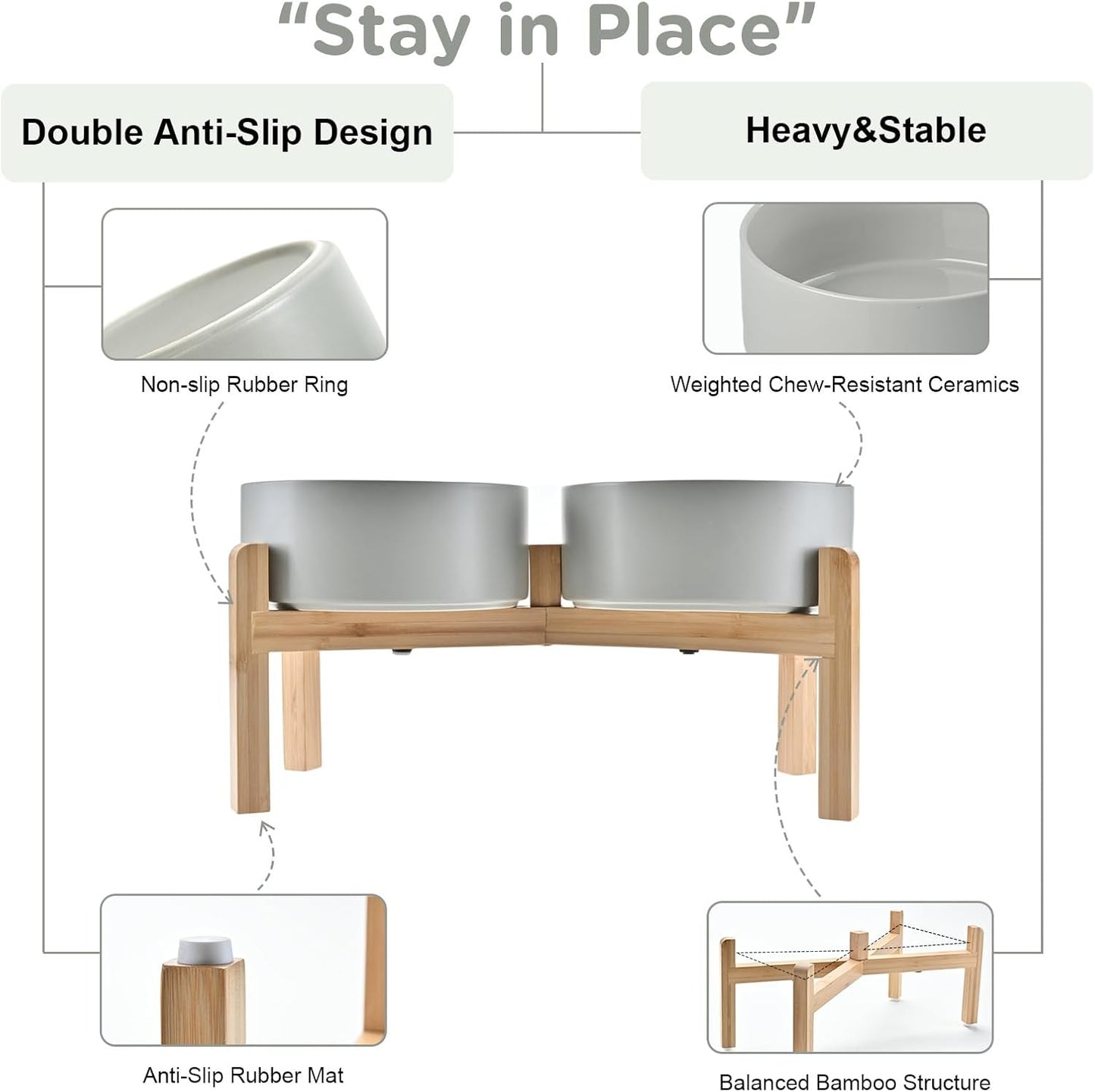 SPUNKYJUNKY Elevated Dog Bowls Ceramic, 7.3'' Dogs Food Water Bowls Raised with Non-Slip Bamboo Stand for Medium to Large Sized Breed Microwave Dishwasher Safe - 42 OZ,Grey