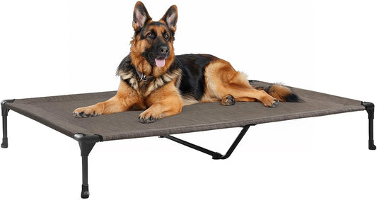 Veehoo XL Outdoor Elevated Dog Cot Bed, Cooling Raised Pet Bed, Washable Breathable Mesh Hammock Bed with No-Slip Feet, Indestructible Ground Off Training Platform Cot-49"x33" Brown