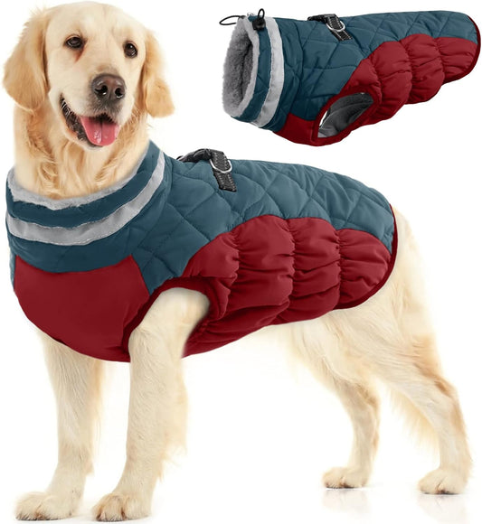 FUAMEY Dog Coat for Large Dogs,Waterproof Dog Winter Jacket with Harness Built in Puppy Cold Weather Coats Reflective Pet Vest with Zipper Warm Fleece Dogs Snowsuit Windproof Dark Blue XL