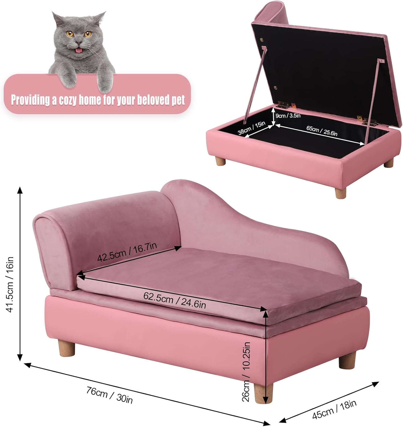Pet Bed Sofa, Puppy Bed with Storage, Small Dog Couch with Removable & Washable Cushion, Comfy Pet Couch Bed for Cats & Puppy(Pink)