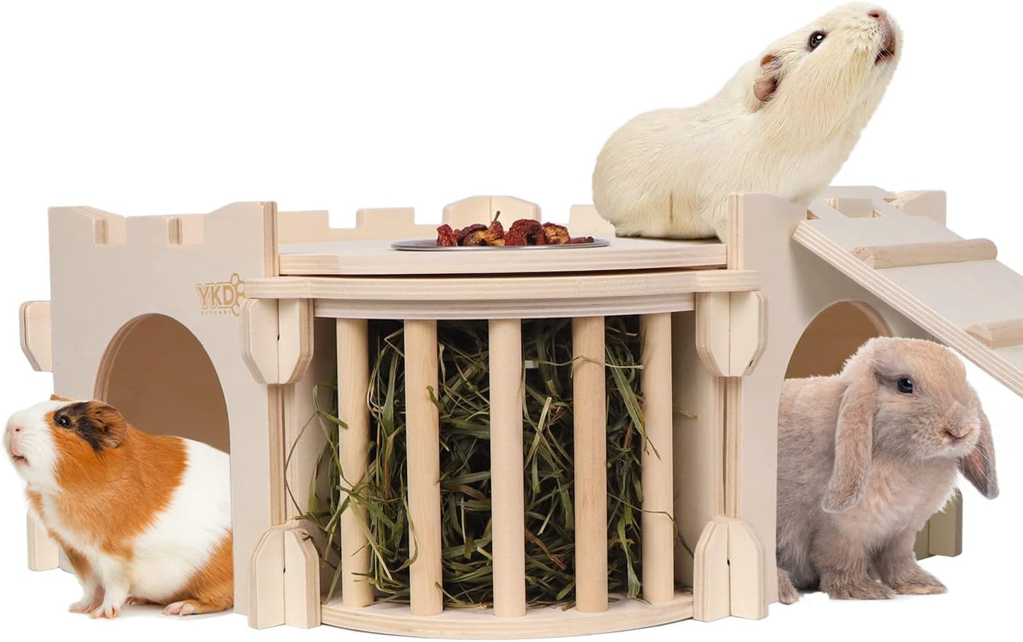 Large Guinea Pig Castle, Natural Wood Rabbit House with Ladder and Hay Feeder, Small Animal Hideout for Rabbit Guinea Pig Hedgehog Chinchilla