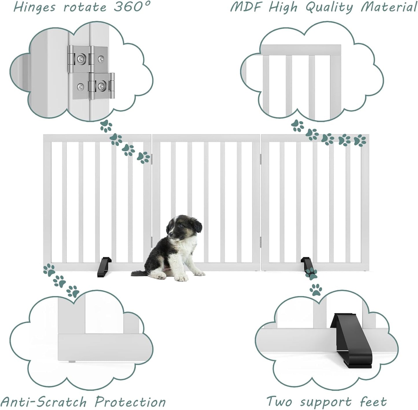 Dog Gates for The House Freestanding Foldable Pet Gates for Doorways 3 Panels 24'' Tall with 2PCS Support Feet Wooden White Dog Gate for Stairs