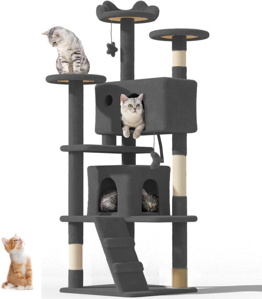 60" Cat Tree Tower for Indoor Cats Large Adult,Cute/Tall Modern Cat Tree for Big Cats 20 lbs, Plush Multi-Level Cat Condo with Scratching Posts,Dangling Ball (Smoky Gray, 60 inch)