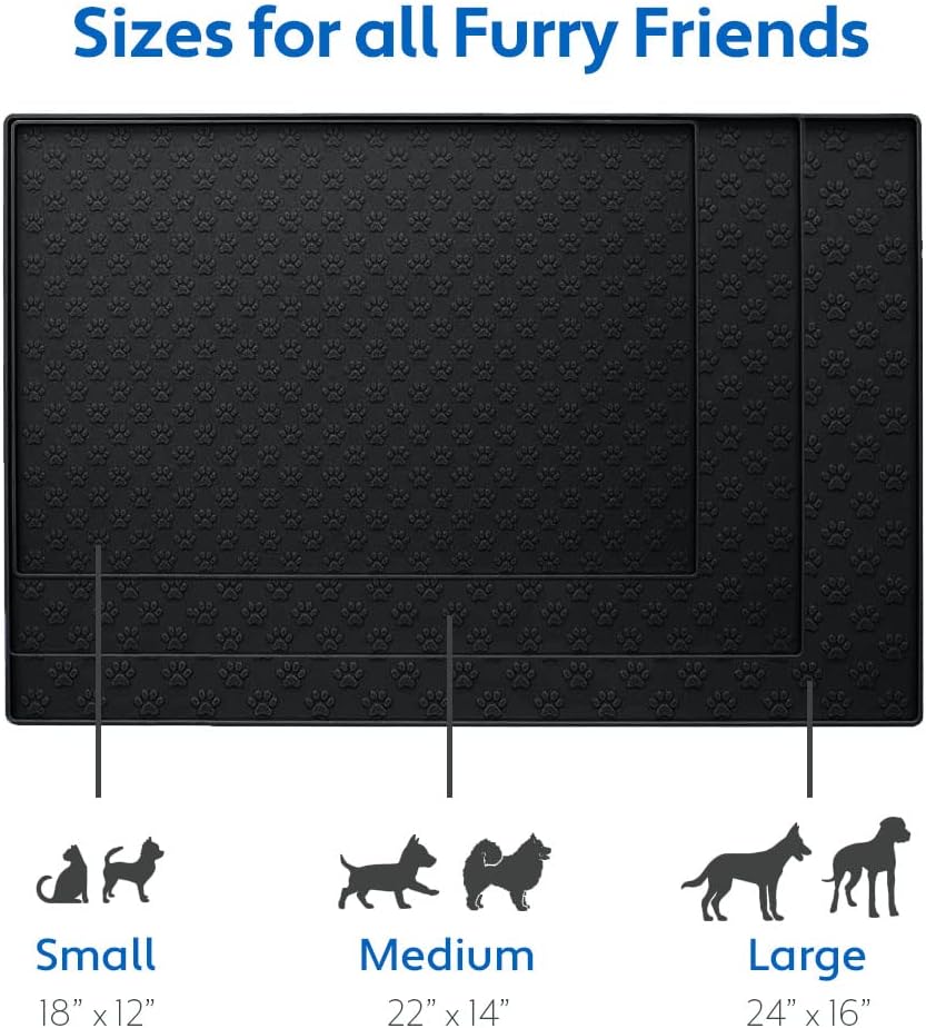 MIGHTY MONKEY 100% Waterproof Dog Food Mat, Raised Edges Silicone Pet Feeding Placemat for Cat, Dogs, Pet Bowls, High Lipped Tray Prevents Water Spills, Food on Floor, Dishwasher Safe, 24x16, Black