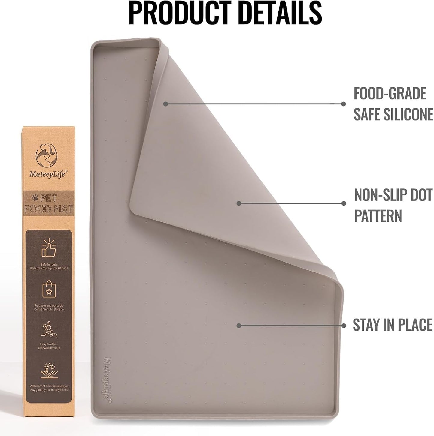 MateeyLife Dog & Cat Food Mat, Waterproof & Nonslip Silicone Feeding Mats for Dogs and Cats, Raised Edge Tray for Messy Drinkers, 22"x14", Taupe