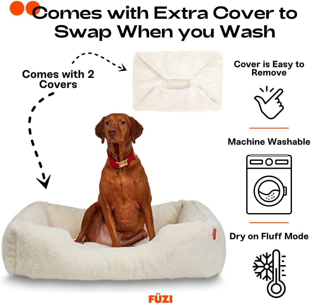FUZI Luxury Aesthetic Dog Bed with Extra Cover for Large Dogs, Washable Pet Couch, Pet Bed with Sides, Non-Slip Bottom, Soft and Durable Calming Dog Bed, Faux Fur, Large 35.6x28.5x9.5 Soft White