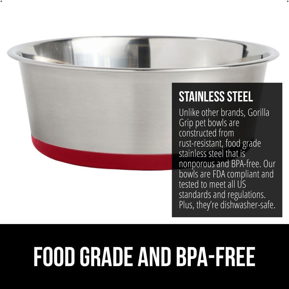 GORILLA GRIP Set of 2 Dog Bowls, Holds 4 Cups (32 fl oz), Heavy Duty Metal Food and Water Bowl for Feeding Dogs and Cats, Dishwasher Safe, Rust Resistant Stainless Steel, BPA Free Rubber Base, Red
