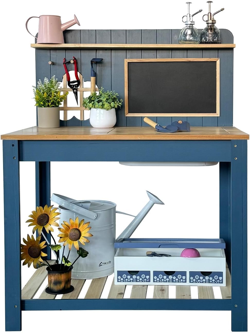 Kids Potting Bench Table Garden Workbench Outdoor Kids Garden Double-Layer Planting Table with Drawing Board Removable Sink,Wood Outdoor Play Kitchen for Toddlers,Backyard and Porch Blue
