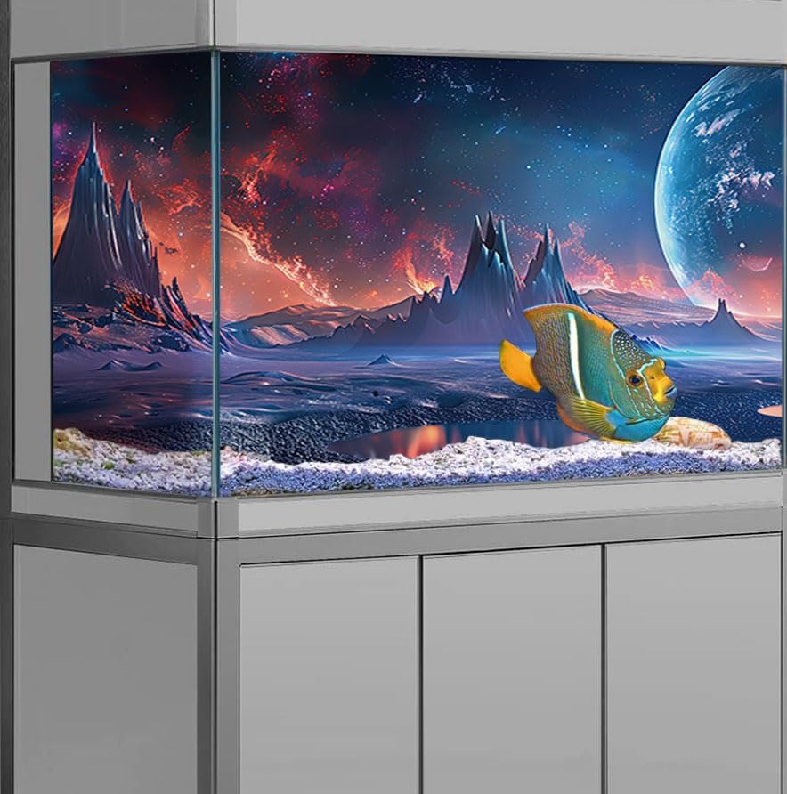Scarlet Cosmic Aquarium Background,Cool Galaxy Parallel Space Themed Fish Tank Background, Tropical Desert Terrarium Background 72X16IN with 8 EVA Double-Sided Tape
