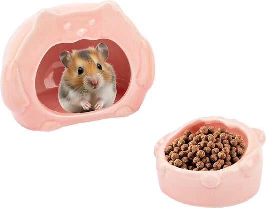 Bear-Shaped Hamster Hideout & Food Bowl Set - Ceramic Habitat for Syrian Dwarf Hamsters, Mice, Gerbils - All-Season Use, Chew-Proof Ceramic House and Feeding Dish for Small Pets(Pink)